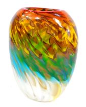 A 20thC Art Glass vase, of compressed oval form, design with orange, blue, white and gold mottled de