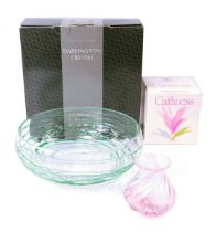 A Dartington Crystal large green Ocean bowl, 28cm diameter, boxed, and a pink Caithness swirl vase,