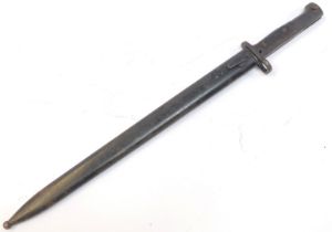 A British Army 1907 pattern bayonet, with wooden handle, and the steel scabbard, length of blade 38c