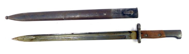 A British Army 1907 pattern bayonet, with wooden handle, with steel scabbard, length of blade 38cm.