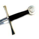 A reproduction medieval broad sword, with circular steel pommel, black leather hand grip and straigh