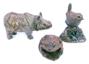 Three Rosemarie Cooke studio pottery figures, modelled as a rhinoceros, bird on branch, and toad, th