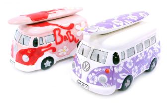 Two Volkswagen camper van pottery money banks, in purple "Split 7" and red "Babe", 21cm wide. (2)