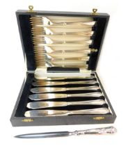 A Queen Elizabeth II King's pattern paper knife 1998, together with a set of six silver plated fish