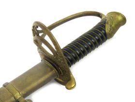 A replica Confederate States Army (CSA) officer's sword, with brass pommel decorated with leaves, wi