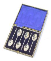 A set of six George V silver teaspoons, each with a shaped finial, Sheffield 1915, 2.69oz, in fitted