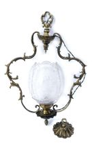 A Victorian style brass framed hanging lamp, with frosted and etched glass shade decorated with bird