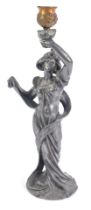 After Emile Bruchon (French 1800-1895). Nouveau figural pewter candlestick, lady in a diaphanus dre