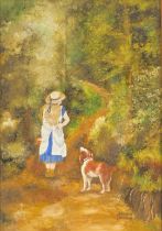 Joanna Perelue (20thC School). Female figure walking dog on a wooded path, signed and dated 1973/5?,