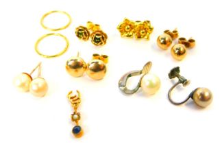 A group of assorted earrings, comprising ball studs, rose clusters, floral sprays and hoops, some st