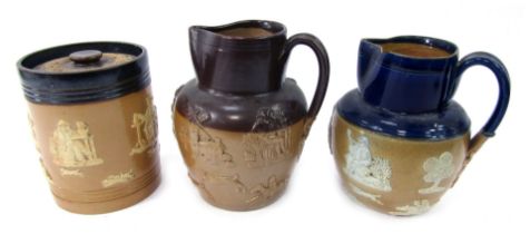 A group of Royal Doulton two tone stoneware, with sprig moulded decoration, comprising jar and cover