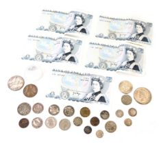 Collector's coins, pre decimal coinage and banknotes, to include five Bank of England £5 banknotes,