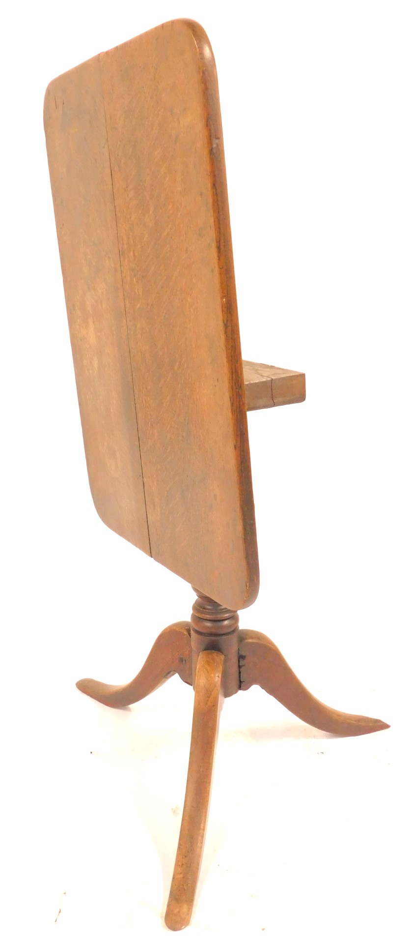 A 19thC oak tilt top table, the rectangular top with a rounded edge, on turned column terminating in - Image 4 of 4