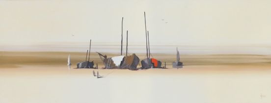 H Gisz (20thC/21stC School). A boat moored with tide at bay, oil on canvas, signed, 50.5cm x 133cm.