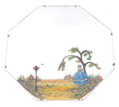 A mid century wall mirror, of octagonal bevelled form, decorated with a figure of a lady before flow