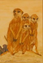 Baldwin (20th School). Meerkat group, watercolour, signed Baldwin 2009, 33cm x 23cm, framed.