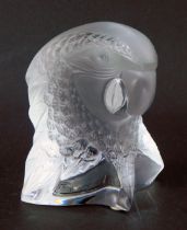 A Lalique glass paperweight, modelled as a Macaw head, with label verso and signed to underside Lali