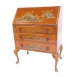 An early 20thC walnut and Chinoiserie bureau, the fall decorated with figure of a geisha before buil