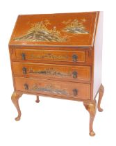 An early 20thC walnut and Chinoiserie bureau, the fall decorated with figure of a geisha before buil