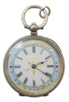 An early 20thC lady's pocket watch, open faced, key wind, circular blue and white enamel dial bearin