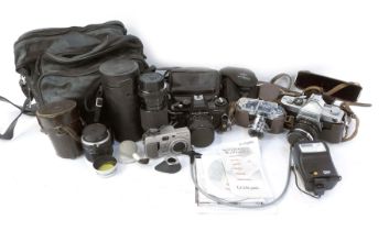 Various cameras and optics equipment, to include a Praktica B200 camera, a Sigma lens 936790, in cas