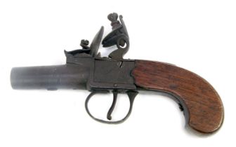 An 18thC boxlock flintlock pocket pistol by Hill of London, with oak grip, 15.5cm long.