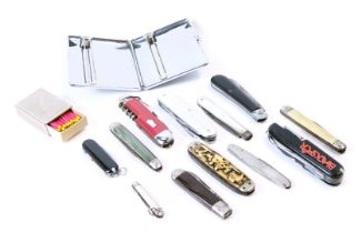 A stainless steel Sylvia chrome cased cigarette case, group of penknives, including one with carved