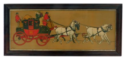 After Cecil Aldin (1870-1935). The Glasgow Coach, colour chromolithograph, 38cm x 99cm.