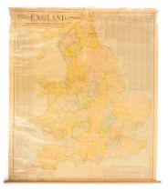 An early 20thC Scarborough Publishing Company's map of England and Wales, applied on material backin