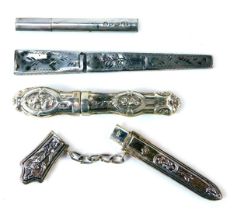 Four silver and white metal needle cases, indistinctly hallmarked, one of rectangular tapering form,