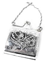 A novelty miniature purse, with chain link and engine engraved decoration, white metal stamped 925,