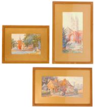 PE Bishom (20thC School). Three watercolours, comprising church and cemetery, 35cm x 17cm, church vi