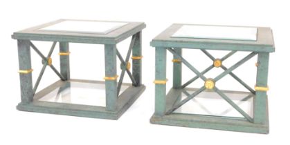 A pair of 20thC lamp tables, each with a square top with bevelled glass inset panel, raised on X fra