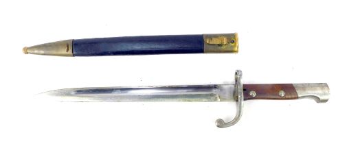 A Brazilian 1908 pattern bayonet, with wooden handle, and black leather and brass scabbard, numbered