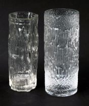 A Whitefriars style clear glass vase, of cylindrical form, with moulded bark style decoration, 22cm