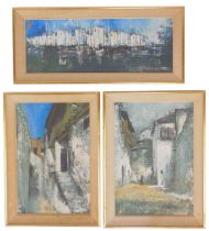 E Doorenbos (1921-2013). Street scene, and river scene with fishing boats and buildings to backgroun