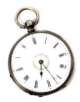 A late 19thC lady's silver pocket watch, open faced, key wind, circular enamel dial with chapter rin