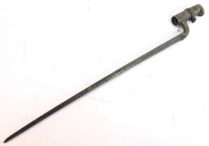 A 19thC Enfield socket bayonet, with triangular shaped blade marked WD, with a crown above an E and