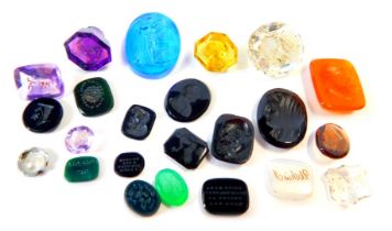 A group of semi precious stone seals, to include citrine, rock crystal and others, some bearing face