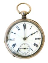 A Victorian silver gentleman's pocket watch, keywind, enamel dial bearing Roman numerals, subsidiary