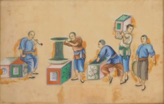 19thC School. A group of Chinese figures, carrying boxes and seaweed lines, watercolour on rice pape