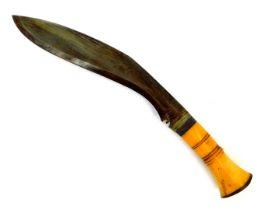 An Indian Kukri, with bone handle and curved steel blade, in black leather scabbard, length of blade