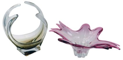 A pink Art Glass bowl, of abstract form, unsigned, 15cm high, 46cm wide, together with a smoked glas