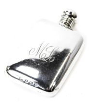 A George V silver miniature hip flask, with a twisted steam bearing the initials ML, Birmingham 1923