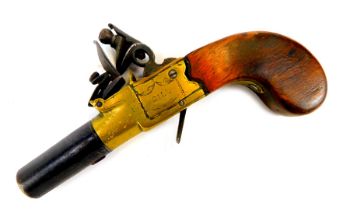 An 18thC boxlock flintlock pocket pistol by Gill of London, with brass lock plates and walnut stock,