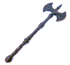 A reproduction two headed twin axe, the metal blades each with scroll inscription and pierced fleur