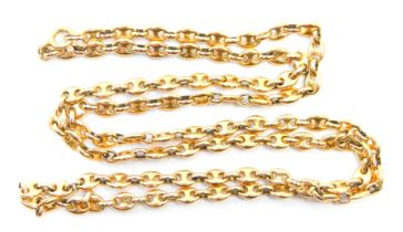 A 9ct gold fancy link necklace, the oval pierced design links with a bolt clasp, 68cm long, 29g.