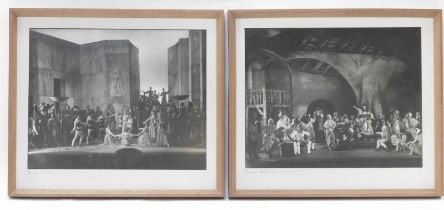 Framed photographic prints of theatre productions, signed in pencil to margin, in a pine frame.