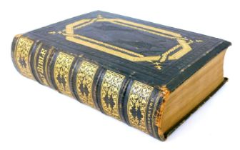 A late 19thC Holy Bible, with painted coloured panels, in a black leather gilt tooled binding, publi