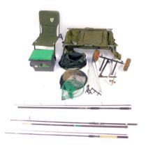 Fishing tackle, comprising Pro Hunter 12' 2.75 test coarse rod, another rod, box seat, landing nets,